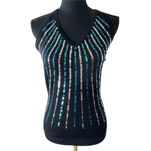 Vintage Y2K  Black Tie Neck Sequined‎ Halter Top Whimsy Goth Med